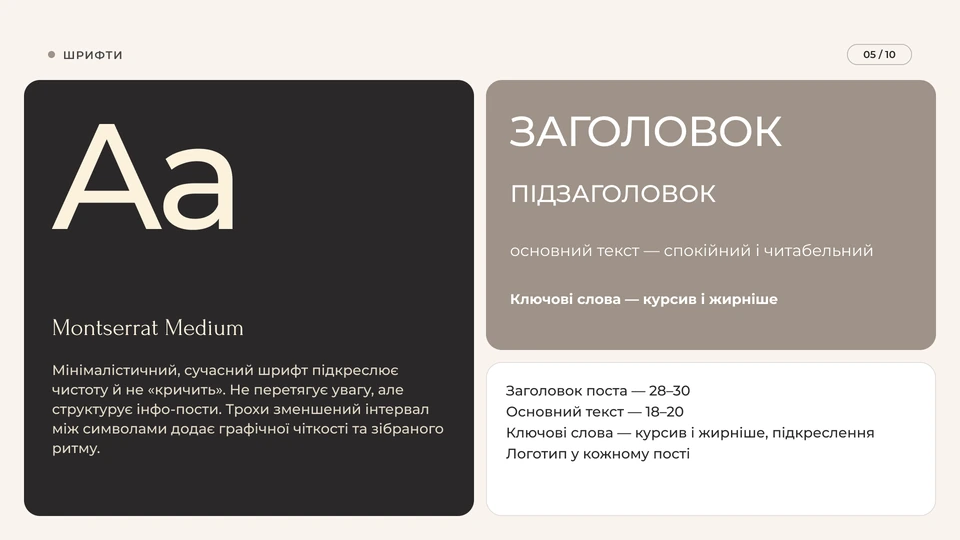 AURA — Шрифти: Montserrat Medium — мінімалістичний сучасний шрифт, що підкреслює чистоту й не «кричить»: заголовок поста 28–30, основний текст 18–20, ключові слова курсивом і жирніше, логотип у кожному пості.