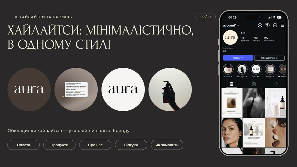 AURA — Хайлайтси та профіль: Хайлайтси мінімалістично, в одному стилі: обкладинки в спокійній палітрі бренду — оплата, продукти, про нас, відгуки, як замовити; профіль у мокапі телефона.