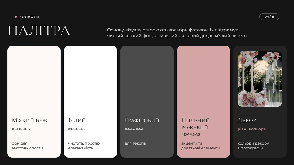 ELURE.DECOR — Кольори: Палітра: основу візуалу створюють кольори фотозон, їх підтримують м’який беж для текстових постів, білий і графітовий для текстів, а пильний рожевий додає м’який акцент.