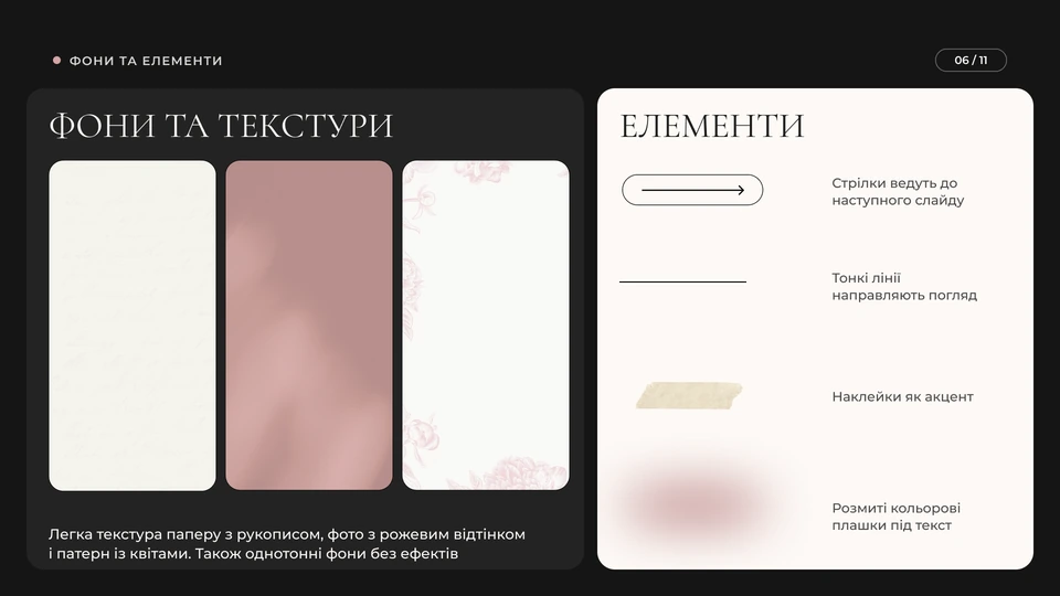 ELURE.DECOR — Фони та елементи: Фони й текстури: легкий папір із рукописом, фото з рожевим відтінком, патерн із квітами й однотонні фони. Елементи: стрілки до наступного слайда, тонкі лінії, наклейки й розмиті кольорові плашки під текст.