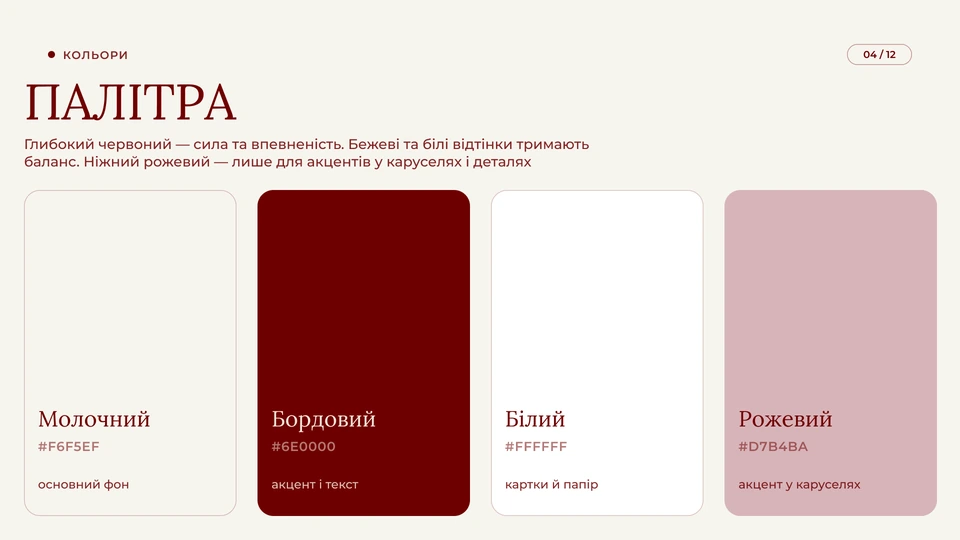 NOVIWOMEN.UA — Кольори: Палітра: бордовий — сила й впевненість, для акцентів і тексту; молочний — основний фон, білий — картки й папір; ніжний рожевий — лише для акцентів у каруселях і деталях.